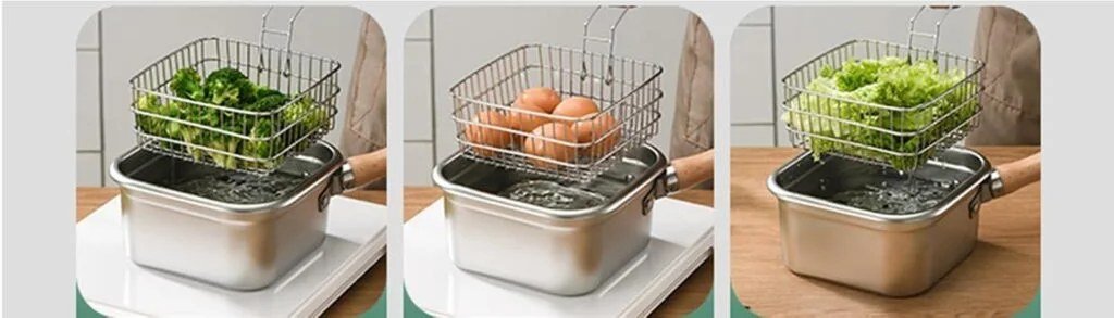 The pot in use: the basket lifting broccoli, boiled eggs and lettuce out of the water